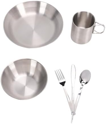 Camping Tableware Set, Stainless Steel Mess Kit with Double Wall Cups and Bowls for 4 Person Outdoor Picnic