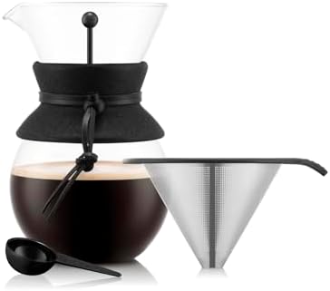 Bodum 34oz Pour Over Coffee Maker, High-Heat Borosilicate Glass with Reusable Stainless Steel Filter and Black Cork Grip - Made in Portugal