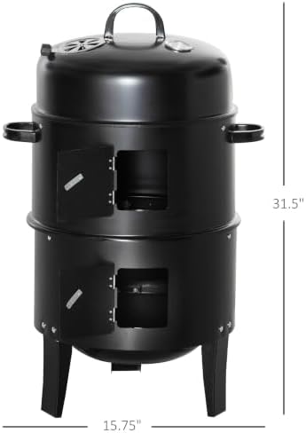 Outsunny Vertical Charcoal BBQ Smoker 3-in-1 16" Round, Black