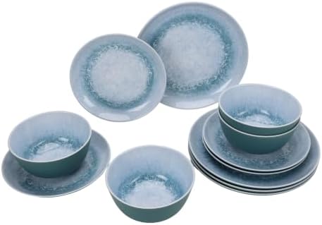 12-Piece Blue Bamboo Melamine Tableware Set, Service For 4, Lightweight Break-Resistant Dinnerware With Plates & Bowls, Dishwasher Safe For Family Meals, Picnics, Camping And RV Use