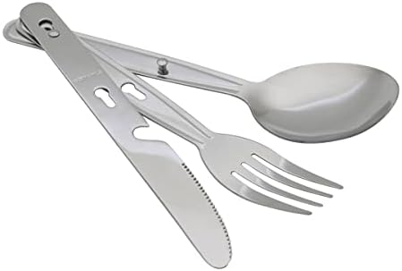 4-in-1 Camping Utensils Hiking Cutlery Set for 4, Portable Stainless Steel Flatware Spoon Fork, Knife & Bottle Opener Combo pack for Picnic Travel, Barbecue, Backpack Outdoor Gear with Carrying Bag