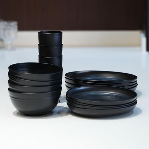 Wheat Straw Dinnerware Set for 4, 16PCS Unbreakable Plates Bowls Cups, Microwave & Dishwasher Safe Plastic Dishes, Lightweight Reusable Dinnerware for Kitchen, Camping, RV & Dorm (Black)