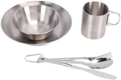 Camping Tableware Set, Stainless Steel Mess Kit with Double Wall Cups and Bowls for 4 Person Outdoor Picnic