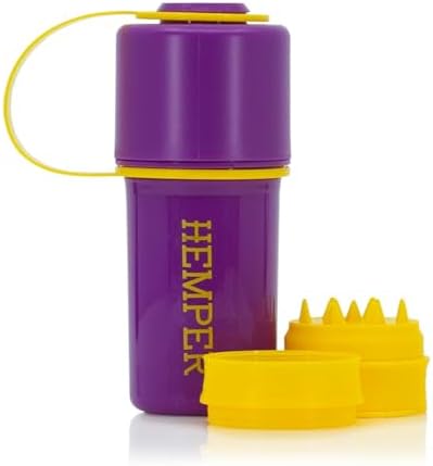 Hemper Keeper 3โinโ1 Herb Grinder with Dual Storage Container - SmellโProof, Airtight & WaterโResistant - BuiltโIn Removable Grinder, Dual Compartments for Flower & Ground - (Purple & Yellow)