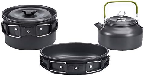 Portable Camping Cookware Set- Lightweight Aluminum Pot, Pan & Kettle with Foldable Handles for Backpacking, Hiking & Outdoor Cooking - Non-Stick, Space-Saving for 2-3 People