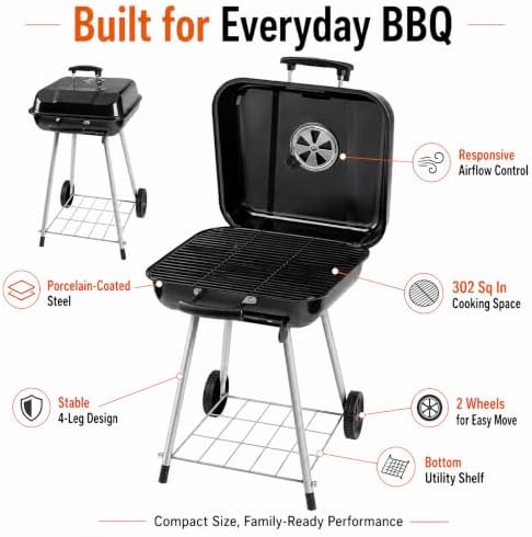 Charcoal Grill 17.5" Square Portable BBQ Kettle for Camping Picnic