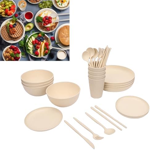 Dinnerware Sets, Unbreakable Plates Bowls Cups for 4 People Shatterproof Dishwasher Microwave Safe, with Storage Box Cutlery Set, for Travel Camping Picnic Home Party