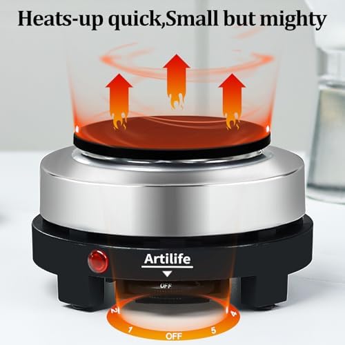 Artilife 500W Mini Electric Hot Plate - Moka Pot Special, 110V Compact RV Camping Stove, 4" Cast Iron Burner for Coffee, Low Wattage Portable (Silver)