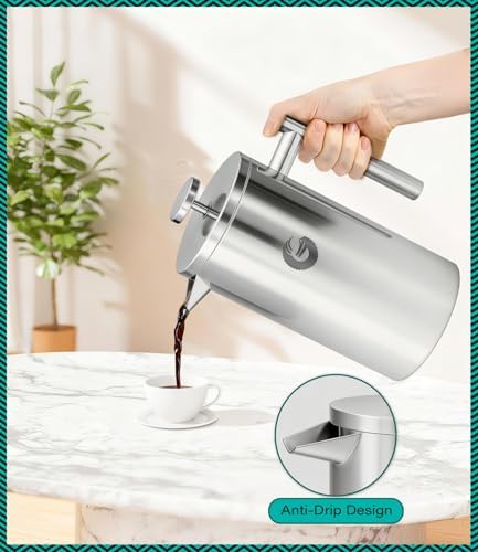 Coffee Gator French Press Coffee Maker 34 oz, Non-Toxic, Silver