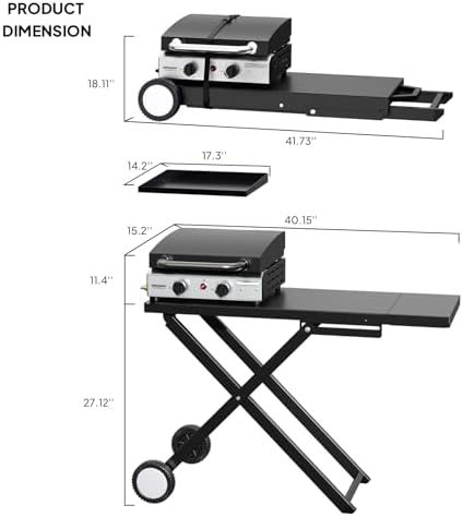 ROVSUN 2 Burner Foldable Propane Griddle with Wheels, Enameled Tray & Lid, 20000 BTU Portable Rolling Flat Top Gas Grill with Electronic Ignition & Regulator for Outdoor Cooking Camping BBQ Tailgating