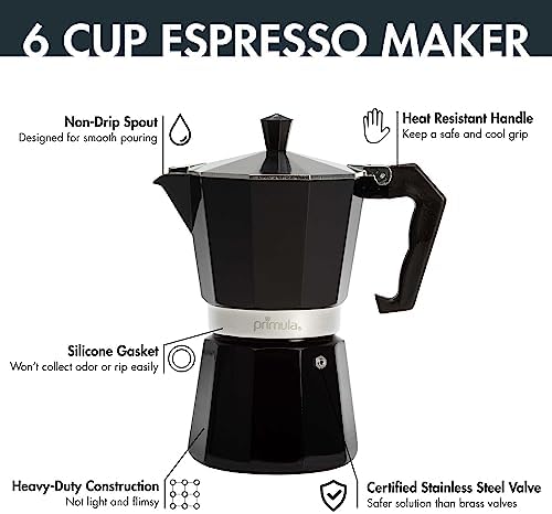 Primula Classic Moka Pot Stovetop Espresso and Coffee Maker, Italian and Cuban Cafetera for Rich Espresso Brewing, Durable Aluminum Greca Coffee Maker with Easy Grip Handle, 6-Cup, Black