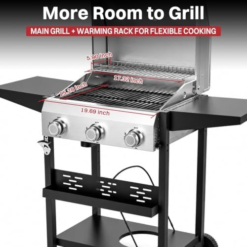 3 Burner Propane Gas Grill, 36000 BTU BBQ Grill with Lid & Wheels
