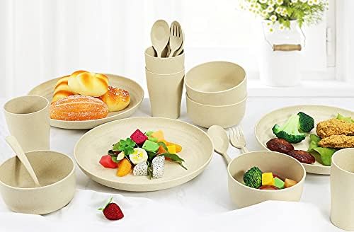 Homienly Wheat Straw Dinnerware Sets, 20pcs Lightweight Unbreakable Dinnerware, Microwave Dishwasher Safe Bowls Cups Forks Spoons set,Perfect for Camping Outdoor, Beige