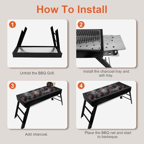 Foldable Charcoal BBQ Grill, 21.8x8.8x12in Portable Grill Charcoal with Side Table, Stainless Steel BBQ Grill, Easy Setup Tabletop Barbecue Grill for Camping Picnic Outdoor Party Backyard Travel
