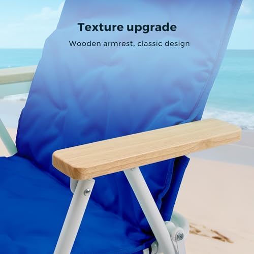 SUNNYFEEL Foldable Beach Chair, Beach Chair Backup with Wood Armrest & Cushion, Lightweight Camping Chair Heavy Duty for Beach, Camping, Lawn, Outdoor, Blue, 2 Pack