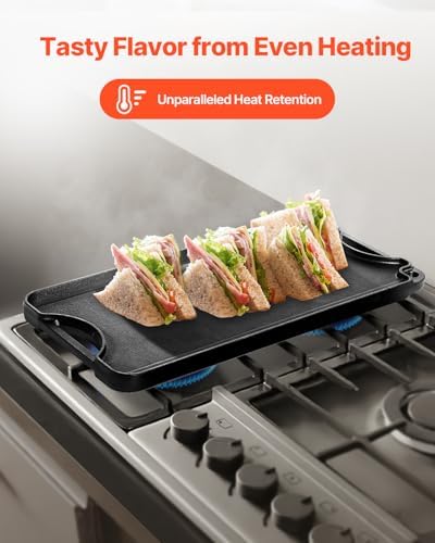 VEVOR Reversible Grill/Griddle, 20x10 inch Pre-Seasoned Cast Iron Griddle, Portable Rectangular Pan with Handle, Family Cookware for Indoor/Outdoor Stove Top Burner, Gas, Camping BBQ, Black