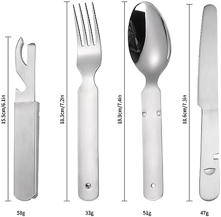 Portable Flatware Silvery Silverware Camping Stainless Steel Cutlery Set Outdoor Travel Knife Fork Spoon Bottle Opener 4 Pieces Foldable Durable Easy to Clean