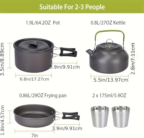 Camping Cookware Set(Green), Portable Backpacking Gear with Kettle, Pot, Pan, Cups & Foldable Cutlery, Lightweight Outdoor Cooking Kit for 2-3 People, Ideal for Hiking, Picnic & Camping