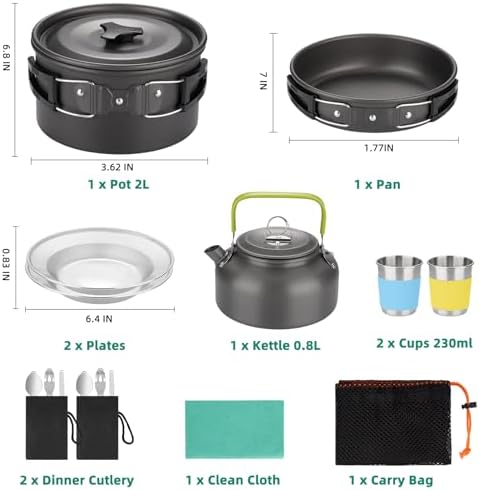 17pcs Camping Cookware Kit, Nonstick Pots Pans and Kettle Set
