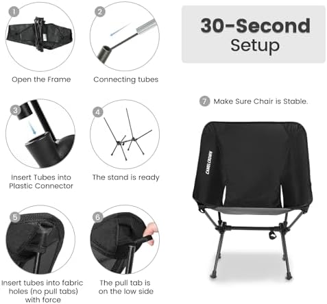CAMEL CROWN Portable Camping Chair Folding Compact Lawn Lightweight Backpacking Chair with Carry Bag for Outdoor Hiking Beach Travel Picnic Festival Black 2pc