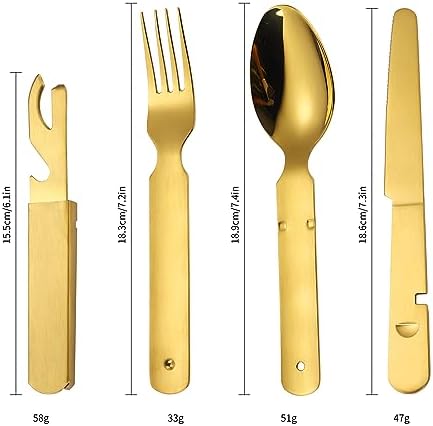 Picnic Silverware Gold Camping Cutlery Fork Knife Spoon Bottle Opener 4 Pieces Flatware Utensil Kit Foldable for Outdoor Kitchen Daily Use Easy To Clean