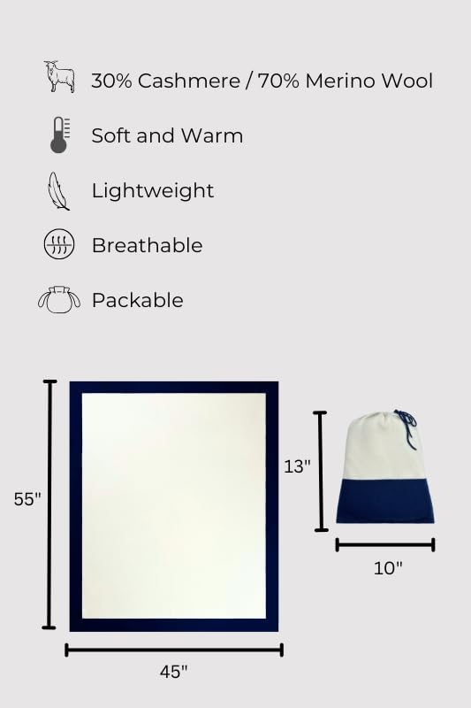 Jet&Bo Luxurious Cashmere Merino Blend Travel Blanket, Airplane-Ready in Packable Pouch, Soft, Lightweight and Breathable (White and Navy)