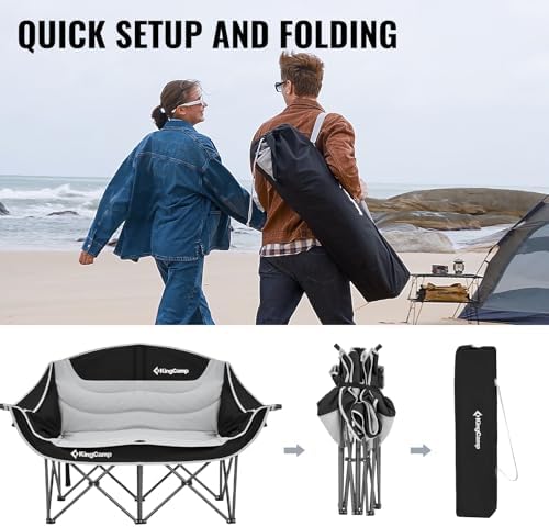 KingCamp Double Camping Chair, Oversized Heavy Duty 660lbs Loveseat for Adults Portable Folding XL 2 Person Couch Padded Comfortable Two Seat with Cup Holder for Outdoor Lawn Backyard, Black/Grey