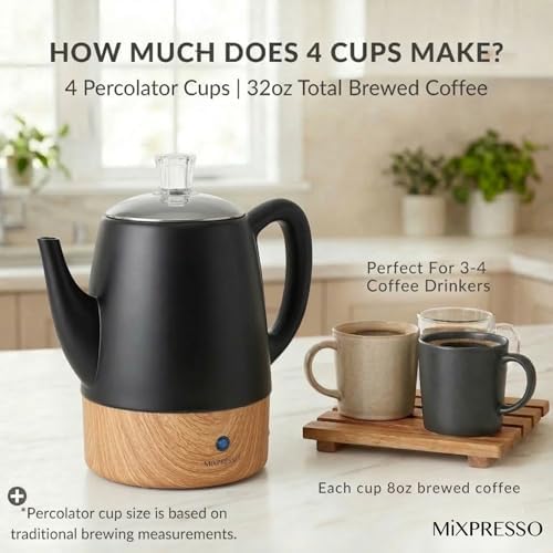 Mixpresso 4 Cup Black Small Electric Percolator Coffee Pot, Stainless Steel