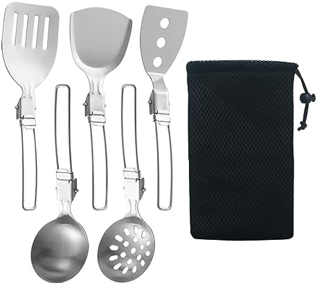 Esquirla 6Pcs Camp Cooking Utensil Set,Outdoor Kitchen Gear, Foldable Cooking Organizer Metal Camping Kitchen Utensil Set, Cookware Kit for Camp RV, BBQ