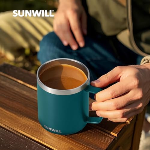 SUNWILL Travel Coffee Mugs Set of 4, Insulated Cup with Lid, 14oz Stainless Steel Tumbler with Handle Bulk for Gift, Camping, Office, Powder Coated Deep Green