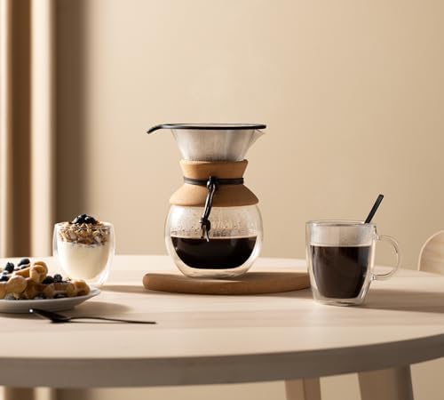 Bodum 34oz Pour Over Coffee Maker, High-Heat Borosilicate Glass with Reusable Stainless Steel Filter and Double Wall Cork Grip - Made in Portugal