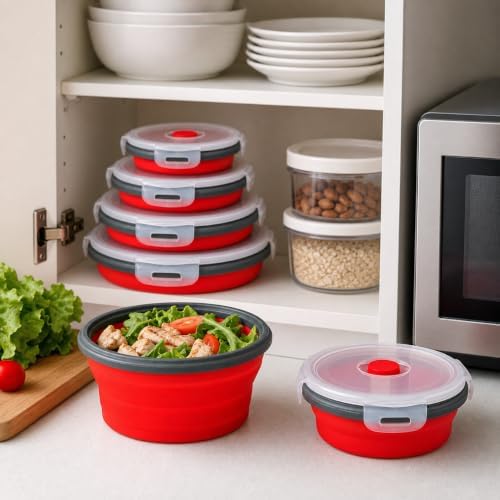 Guyuyii 4 Pack Food-Grade Silicone Collapsible Bowls with Lids for Camping