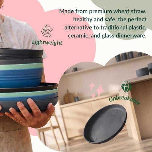 Homienly Unbreakable Plates and Bowls Sets 20 PCS Wheat Straw Dinnerware Sets Microwave & Dishwasher Safe Plate Set Kids Plastic Plates Camping Dish Set, Salad, Hamburger, Pizza-Nightscape
