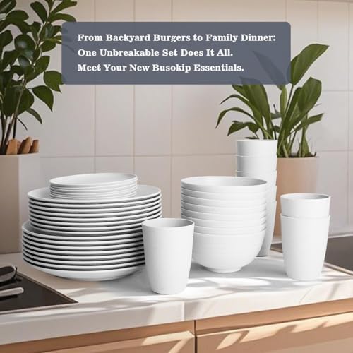 40PCS Kitchen Plates and Bowls Set, Plastic Dinnerware Sets - White
