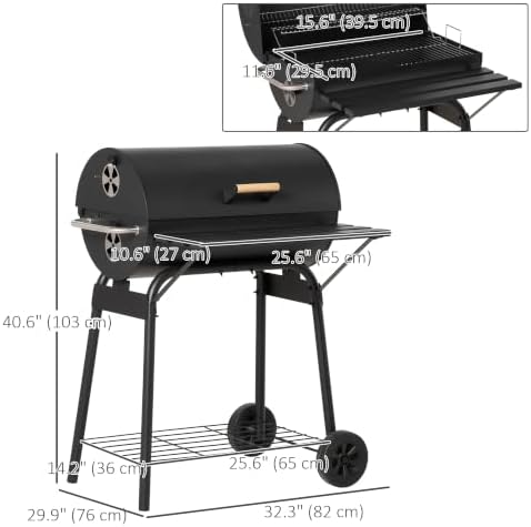 Outsunny 30" Portable Barrel Charcoal BBQ Grill w/Storage Shelf Black