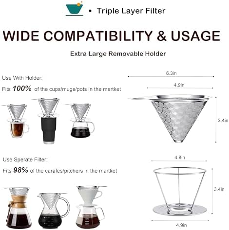 Pour over Coffee Dripper, Triple Layer Stainless Steel Cone Coffee Filter, 4 Cup Non-Electric Manual Portable Drip Coffee Maker, Metal Cone Cafe Coffee Dripper