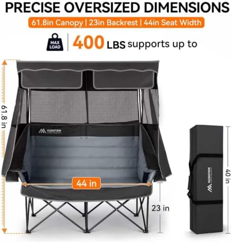 Huskfirm Double Camping Chair with Canopy Shade Folding Camping Couch Black
