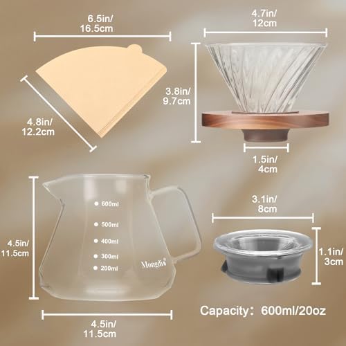 Mongdio Pour Over Coffee Maker, 20 oz Glass Coffee Maker, 600ml, Clear