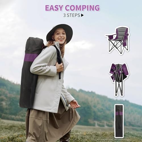 Oversized Padded Camping Chairs for Adults,Heavy Duty Support 400 Lbs,Folding Portable Lawn Chair w/Cup Holder,Cooler Bag,Side Pocket,Perfect for Outdoor Picnic,Hiking(Purple)
