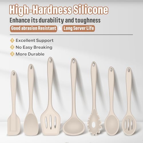 E-far Silicone Cooking Utensils Set, 7-Piece Khaki Heat Resistant Kitchen Utensils Set, Kitchen Nonstick Tools Spatula Ladle Spoon Pasta Server for Non-stick Cookware, Non-Toxic & Dishwasher safe