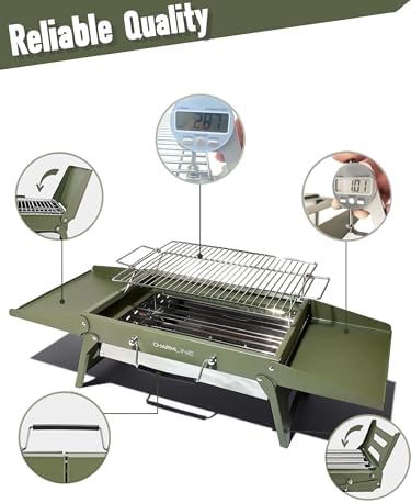 Charmline 15 x 11 inches Portable Charcoal BBQ Grill, Foldable Compact Camping Barbecue for 2–4 People, Ideal for Camping, Tailgating, Beach, Picnic & Tabletop Use, Green