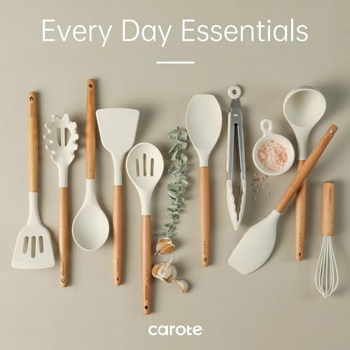 CAROTE Silicone Cooking Utensils Set, Kitchen Utensils Set 10 Pcs for cooking, BPA Free Spatula Set with Heat Resistant Wood Handles for Nonstick Cookware (Cream White) (Pack of 2)