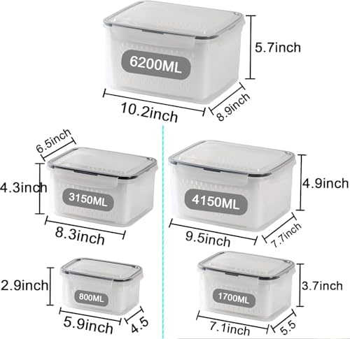 Large Fridge Food Storage Container Set with Lids with Strainer, Fruit Vegetable Storage Containers Keep Fruits, Vegetables, Berry, Meat Fresh longer, BPA-Free Plastic Produce Keepers