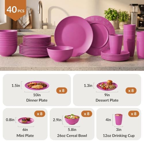 40-Piece Kitchen Plastic Wheat Straw Dinnerware Set, Dish Set for 8, Dinner Plates, Dessert Plate, Cereal Bowls, Cups, Appetizer Plates,Unbreakable Plastic Outdoor Camping Dishes,Pink