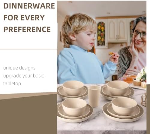 32 Pcs Wheat Straw Dinnerware Set for 8, Cream Reusable Plates and Bowls Set, Microwave Safe Lightweight Unbreakable Dishes Set for Kitchen, Camping, Outdoor, RV