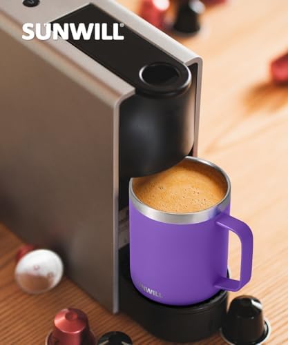 SUNWILL Insulated Coffee Mug with Lid, Travel Tumbler with Handle, 14 oz Stainless Steel Cup for Camping, Office, Home, Powder Coated Purple