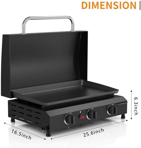 25.6'' Gas Griddle Flat Top Grill with Lid, 3-Burner Tabletop Portable Propane Griddle for Outdoor Cooking, BBQ, Camping & Tailgating Barbecue, 45,000BTU Output