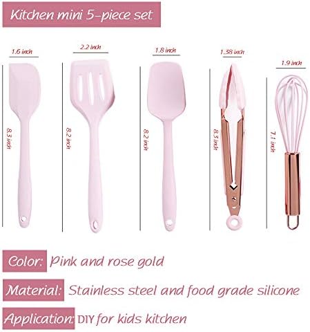Collfa Rose Gold And Pink Kitchen Utensil Small Five-Piece Set Mini Silicone Kids Kitchen Tools Whisk Spatula Tongs Spoon And Slotted Spatula(Kids Baking Supplies)