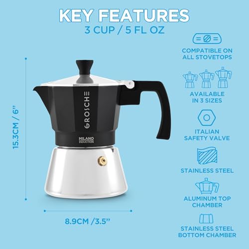 GROSCHE Milano Induction Stovetop Espresso Maker Moka Pot 3 Cup (Black)