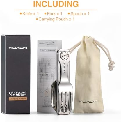 ROXON 3-in-1 Camping Utensils Set with Case (Knife, Spoon, Fork) Silver
